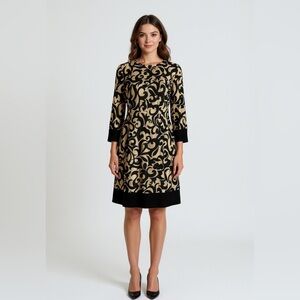 Enfocus Studio Black Tan Baroque Print Sheath Dress Sz 12 3/4 Sleeve Knee Length
